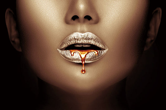 Glasschilderij Zilver met gouden lippen 120x80 cm