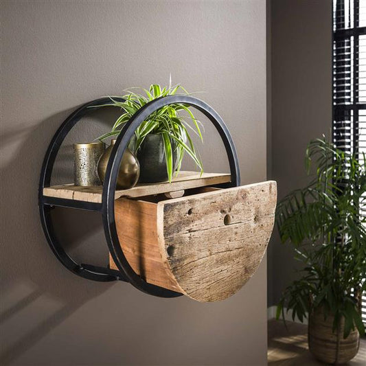 Wandschap circular Ø50 met lade / Robuust hardhout (Magazijn sale)