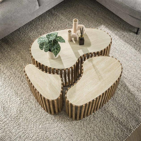 Salontafel set/3 niervorm Nuovo travertin / Massief mango zandkleur