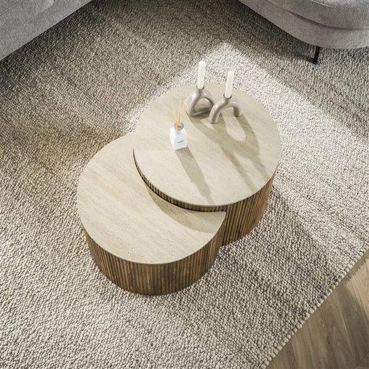 Salontafel set van 2 halfrond Nuovo travertin / Massief mango zandkleur