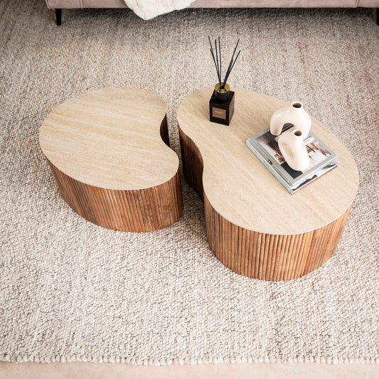 Salontafel Nuovo niervormig set van 2 - Massief mango zand / travertin