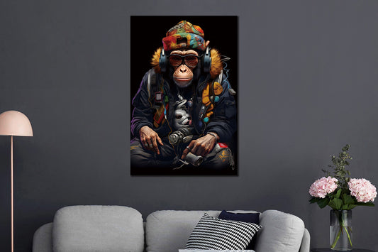 Glasschilderij gangster Aap met koptelefoon 80x120 cm