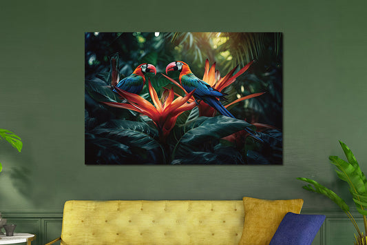 Glasschilderij Papegaaien gekleurd in de jungle - 120x80 cm