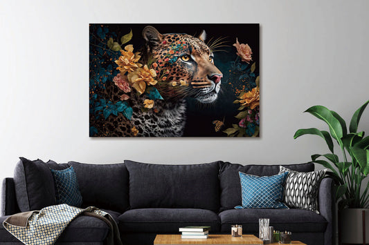 Glasschilderij Luipaard omringd door bloemen met 3D reliëf 120x80 cm