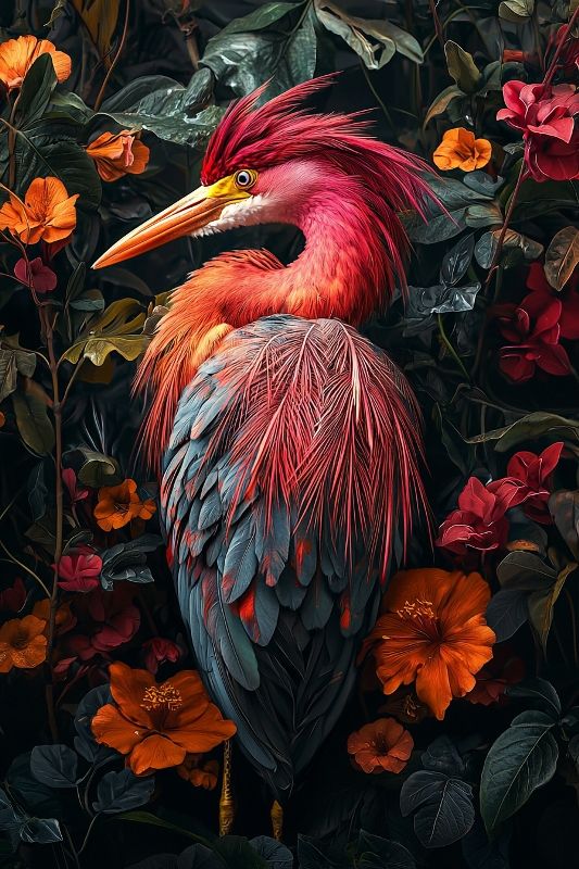 Glasschilderij gekleurde reiger vogel uniek 3D reliëf 80x120 cm (Magazijn sale)