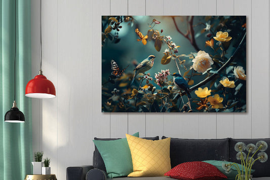 Glasschilderij Jungle met bloemen, vogels & vlinders - 120x80 cm