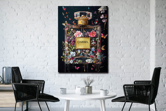 Glasschilderij Parfum met bloemen 60x80cm