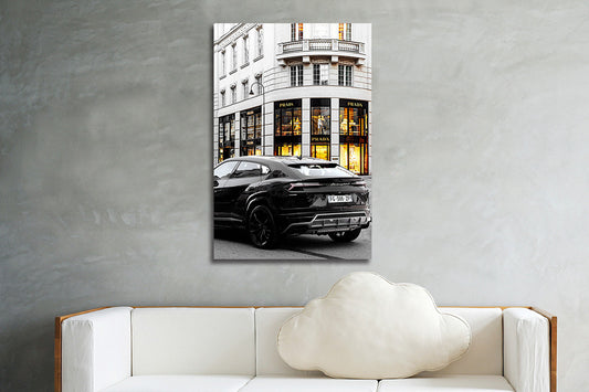 Glasschilderij Auto voor fashion winkel 80x120 cm (Magazijn sale)