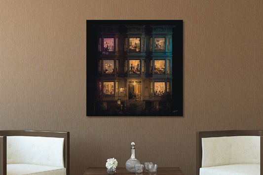 Glasschilderij Flatgebouw in de avond 2 80x80 cm