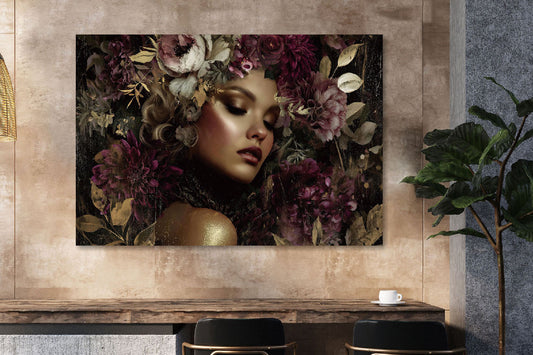 Glasschilderij Gouden vrouw in bloemen 160x110cm