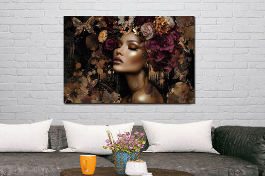 Glasschilderij Gouden vrouw met bloemen 1 120x80 cm