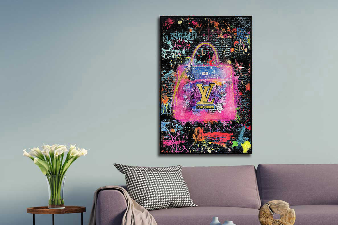 Glasschilderij met kristallen en lijst Gekleurde fashion tas 80x120 cm (Magazijn sale)