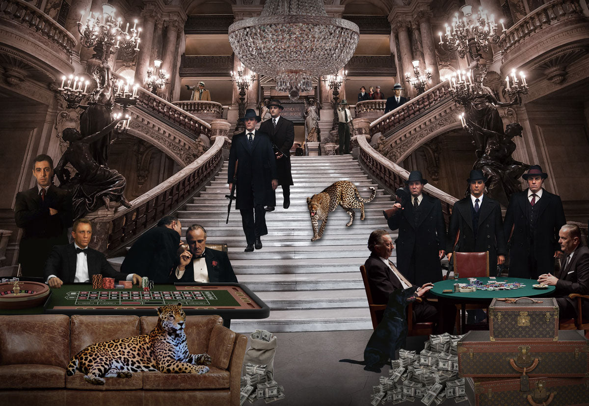 Glasschilderij Casino mannen/panters 160x110 cm