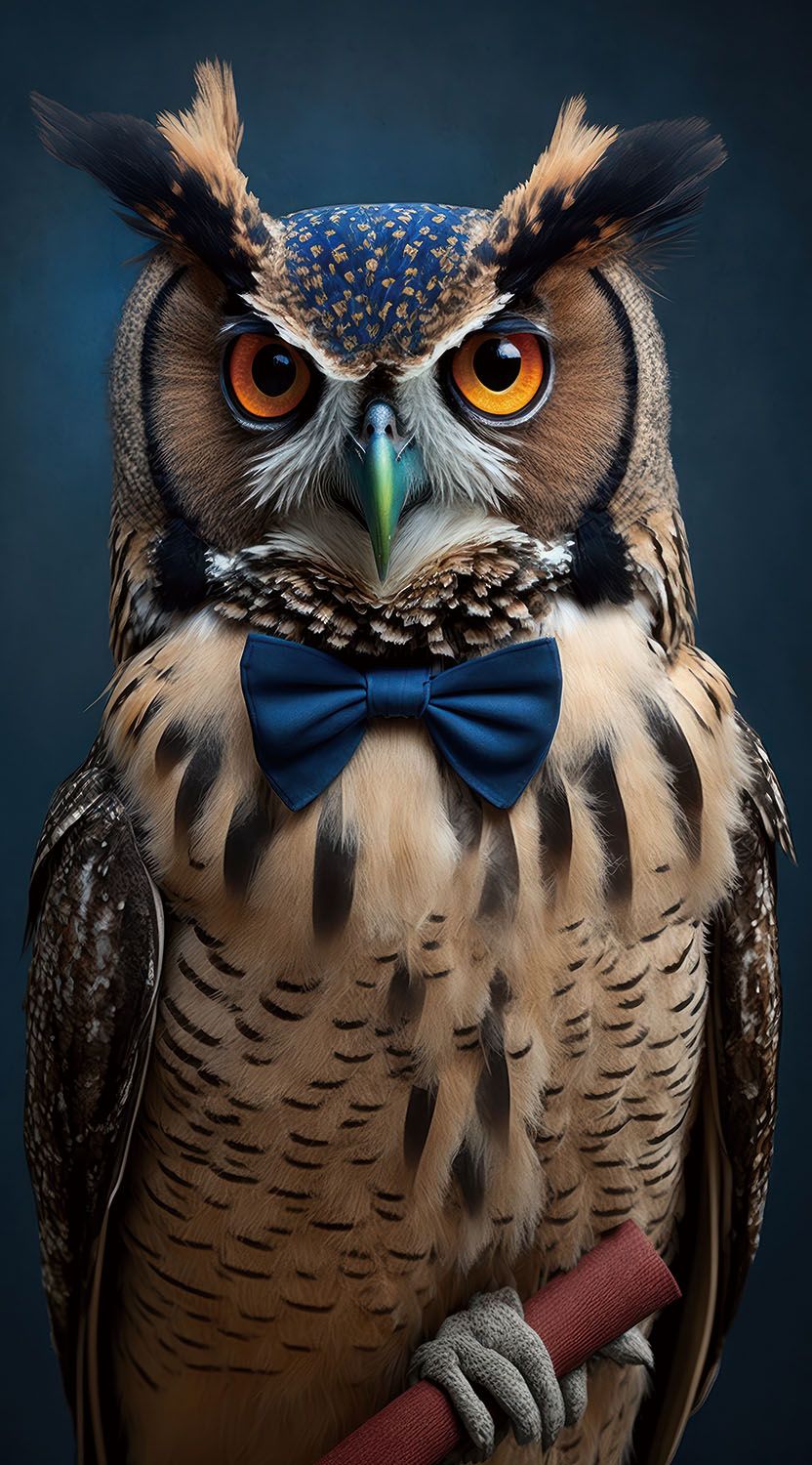 Glasschilderij uil met blauwe strik 55x100 cm