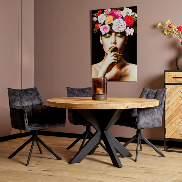 Eettafel mangohout rond 130 cm 6 cm blad  (magazijn opruiming)