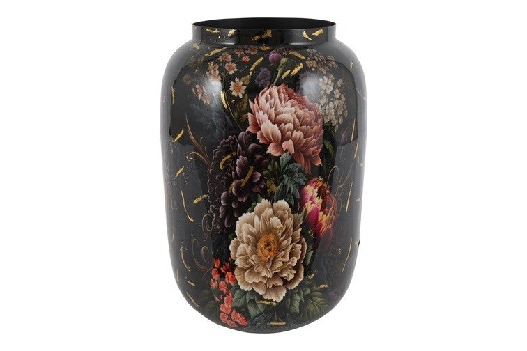 Ronde bloemenvaas Peony zwart/roze - 35x35x51 cm