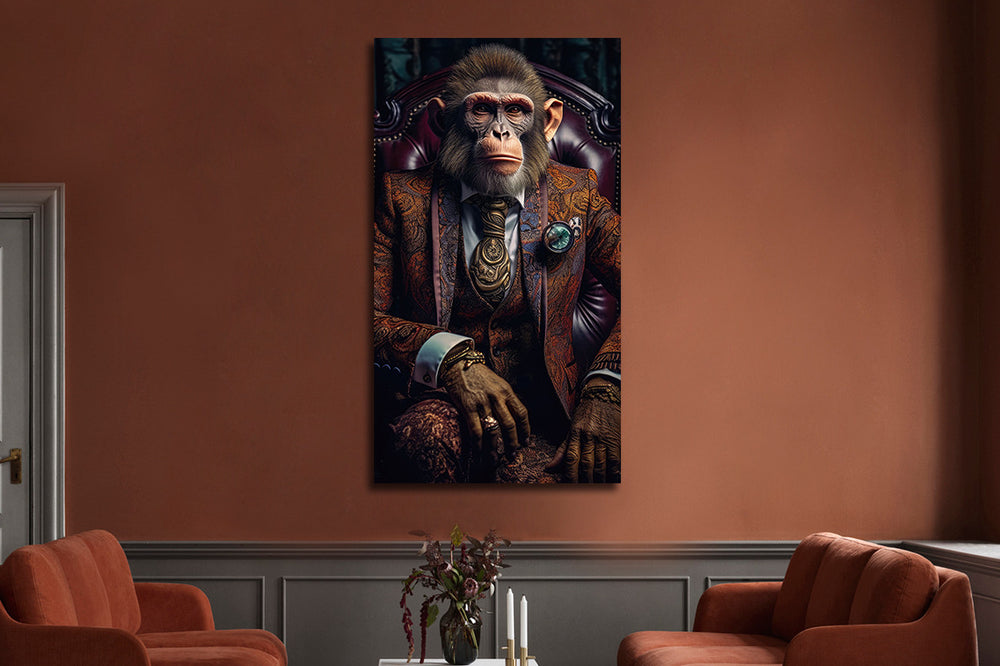 Glasschilderij aap in pak 55x100 cm