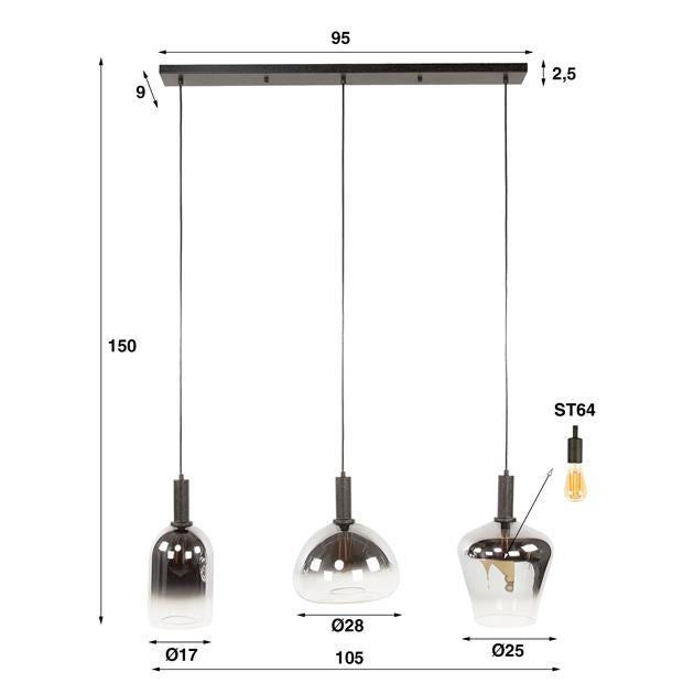 Hanglamp 3L mix grey shaded / Artic zwart
