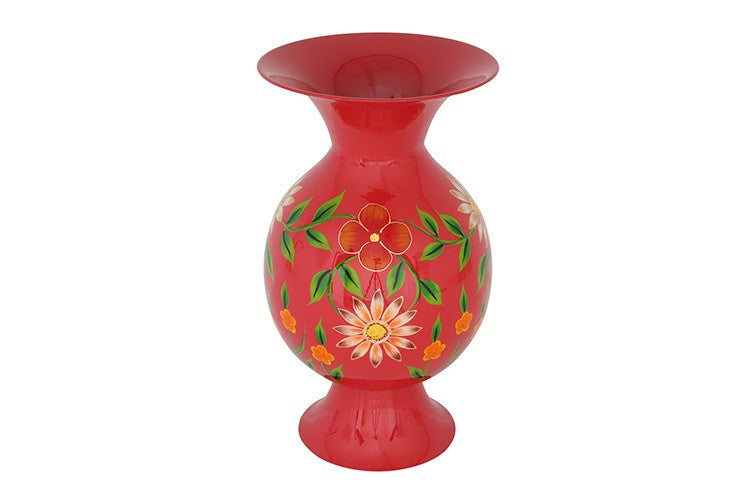 Ronde bloemenvaas op voet Camina rood/wit- 46 cm hoog