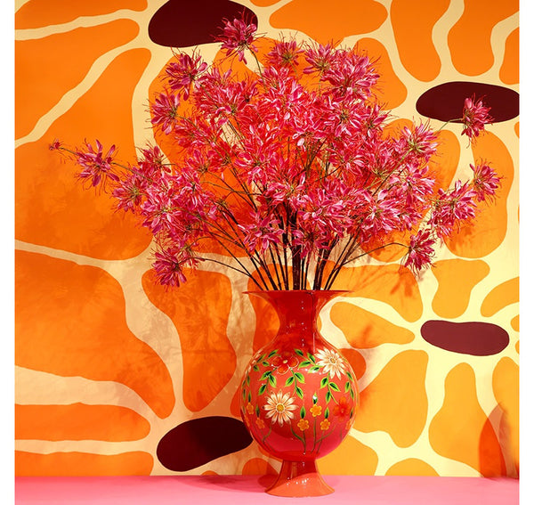Ronde bloemenvaas op voet Camina rood/wit- 60 cm hoog