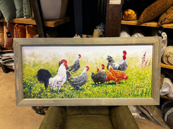 Buitenschilderij 7 kippen 133x64 cm - Wiebe van der Zee