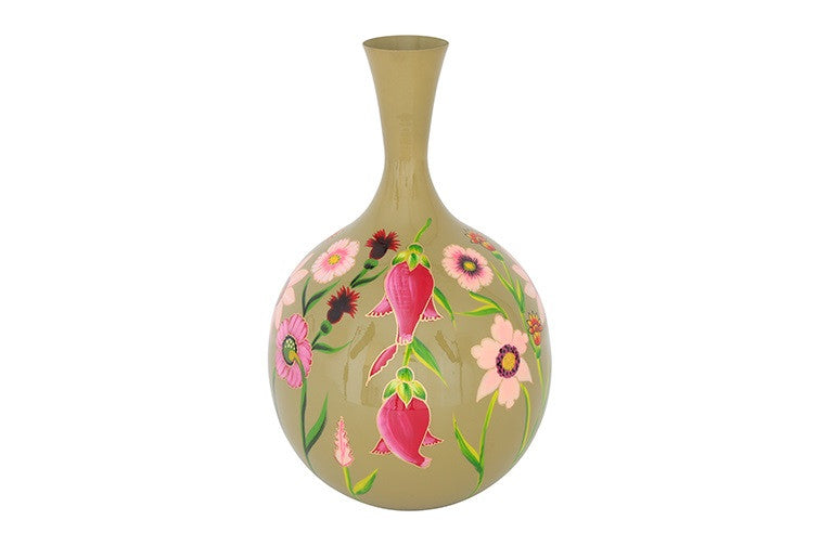Ronde langnek bloemenvaas Camina groen/roze - 40 cm hoog