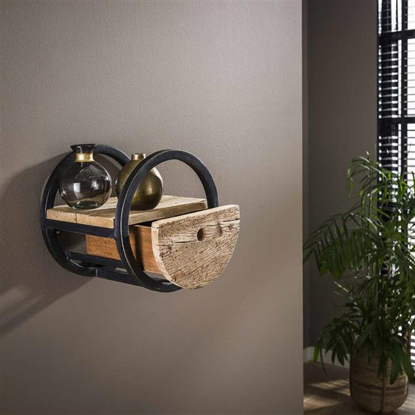 Wandschap circular Ø30 met lade / Robuust hardhout (Magazijn sale)