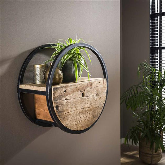 Wandschap circular Ø50 met lade / Robuust hardhout (Magazijn sale)