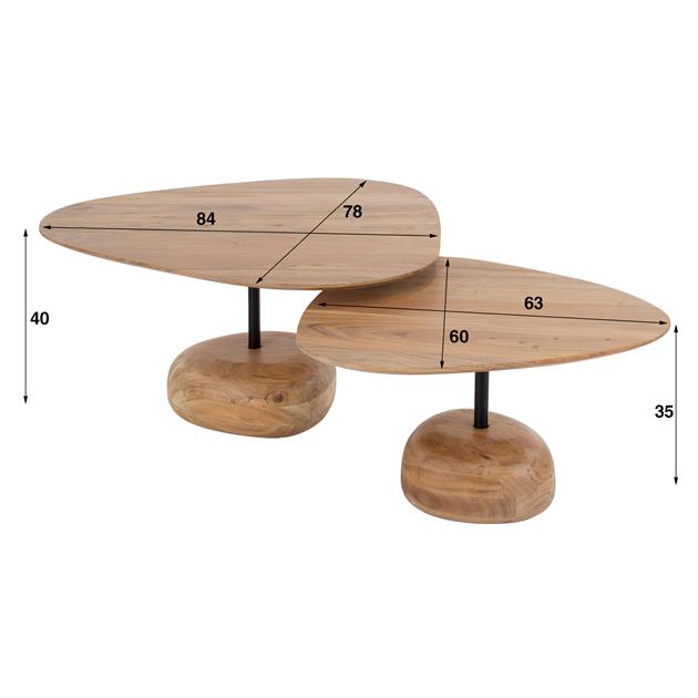 Salontafel set/2 driehoekig blad / Massief acacia naturel