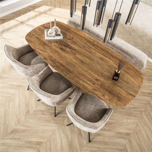 Eettafel Wave deens ovaal centrale poot 215x105 cm / Massief mango verjongd blad zandkleur
