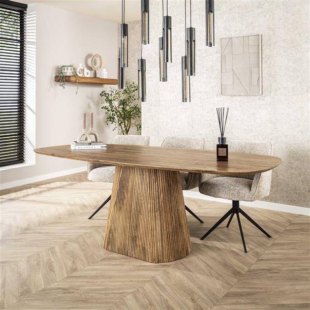Eettafel Wave deens ovaal centrale poot 215x105 cm / Massief mango verjongd blad zandkleur