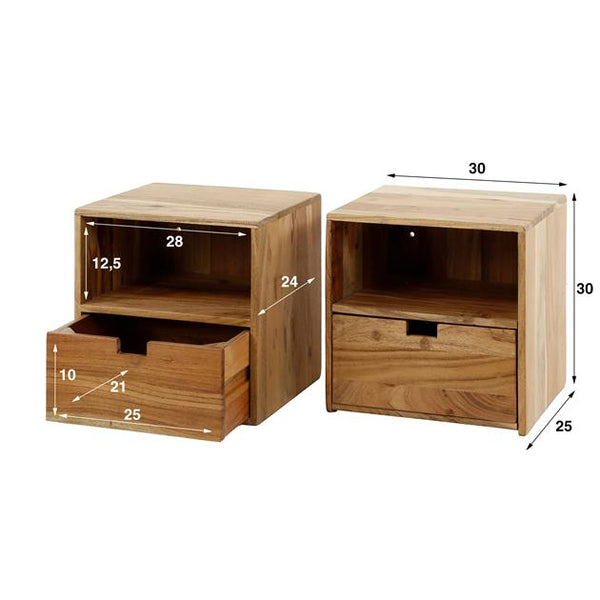Nachtkastje set/2 XS hangend flat / Massief acacia naturel
