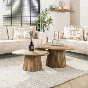 Salontafel set van 2 wave driehoekig blad / Massief mango zandkleur