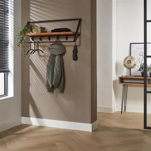 Kapstok acacia hout en metaal. 5 haken + kledinghanger stang