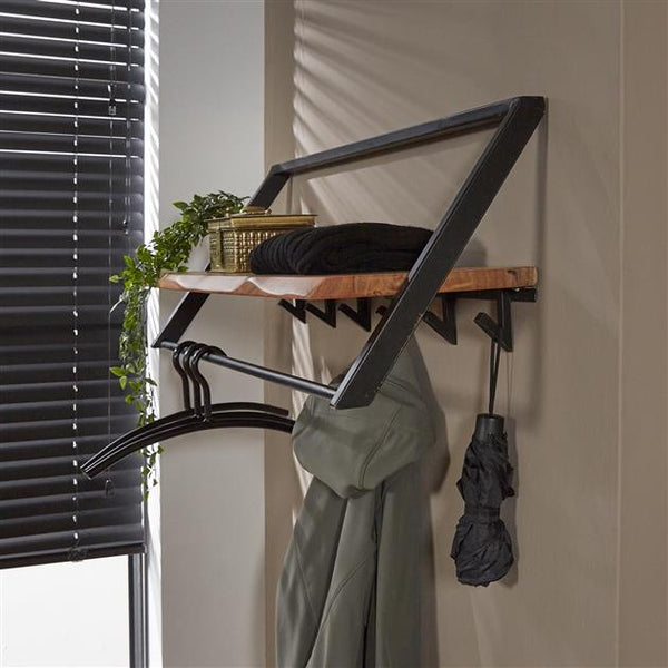 Kapstok acacia hout en metaal. 5 haken + kledinghanger stang