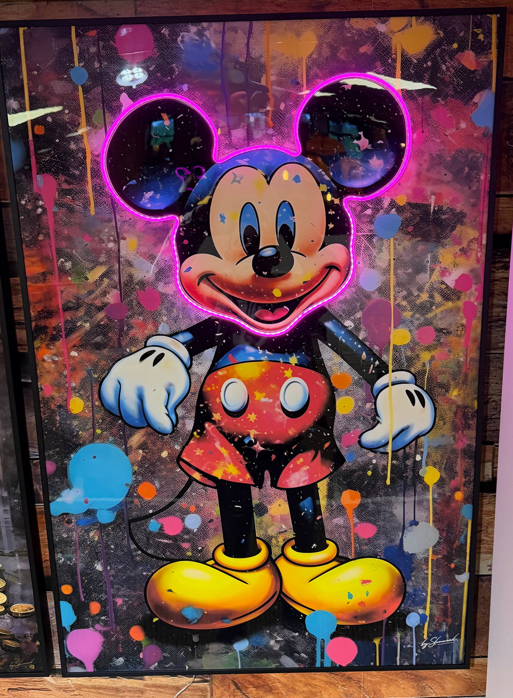 Glasschilderij met ledverlichting - Disney muis roze led 80x120 cm