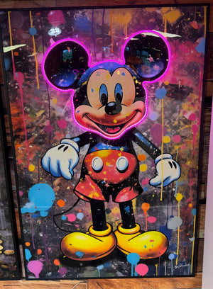 Glasschilderij met ledverlichting - Disney muis roze led 80x120 cm