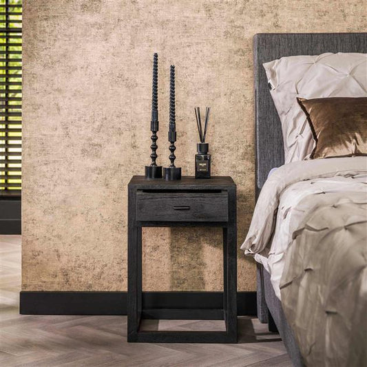 Nachtkastje 1L black square / Massief acacia zwart