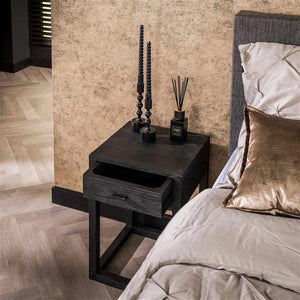 Nachtkastje 1L black square / Massief acacia zwart