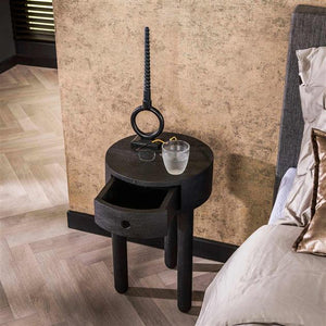 Nachtkastje 1L round full wood / Massief acacia zwart