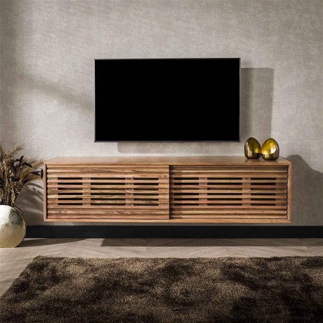TV-meubel zwevend 2 deuren slide / Massief acacia naturel (Magazijn sale)