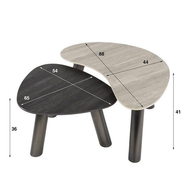 Salontafel Twin organisch set van 2 / 3D keramiek travertin zwart/grijs (Magazijn sale)