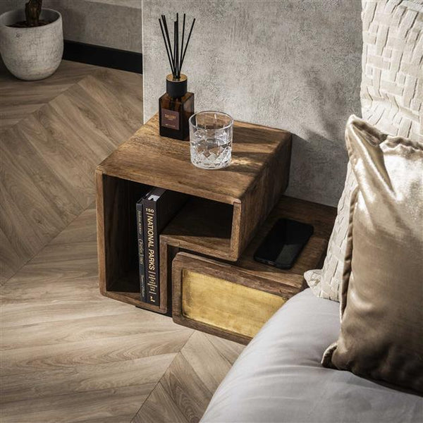 Nachtkastje Set van 2 stuks brass / Massief mango zandkleur (Magazijn sale)