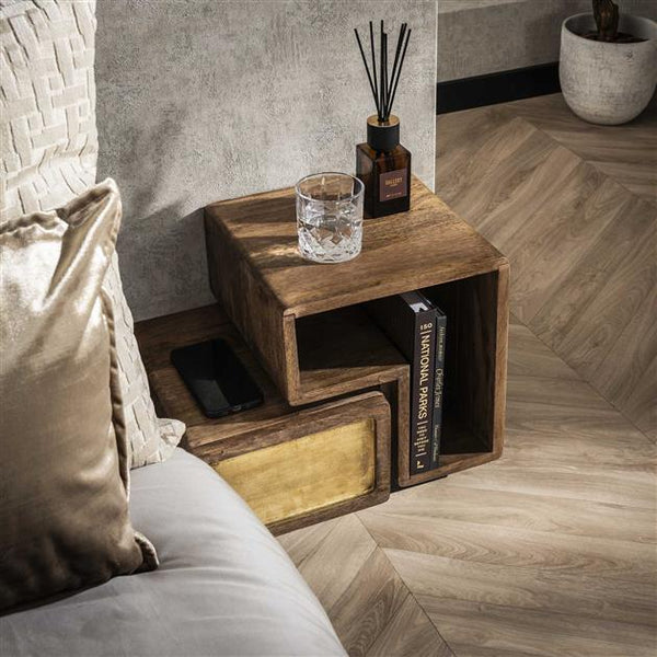 Nachtkastje Set van 2 stuks brass / Massief mango zandkleur (Magazijn sale)