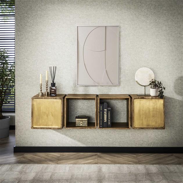 Dressoir zwevend 2D brass / Massief mango zandkleur (Magazijn sale)