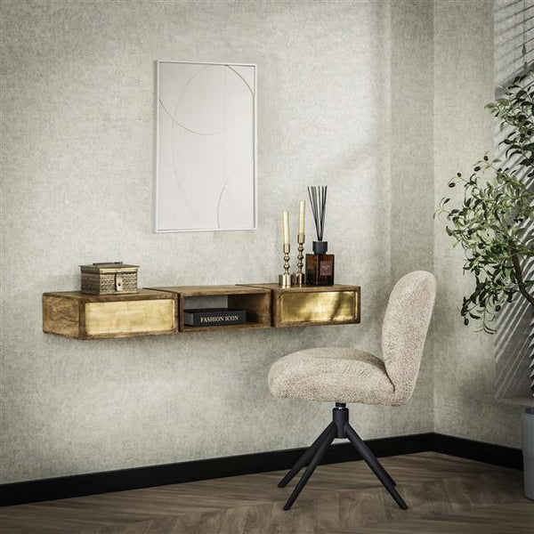 Kaptafel zwevend 2 laden brass / Massief mango zandkleur (Magazijn sale)