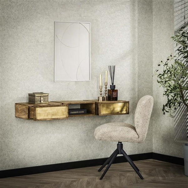 Kaptafel zwevend 2 laden brass / Massief mango zandkleur (Magazijn sale)