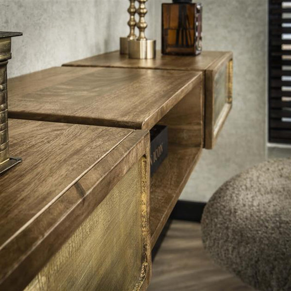 Kaptafel zwevend 2 laden brass / Massief mango zandkleur (Magazijn sale)