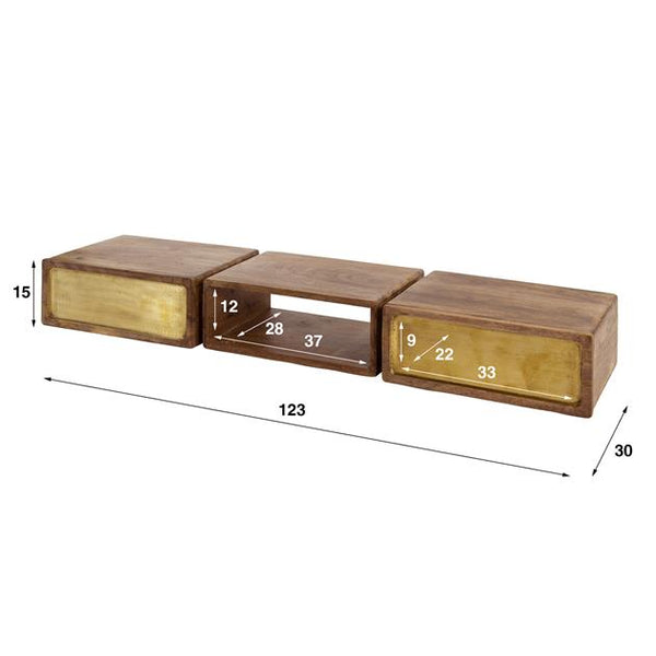 Kaptafel zwevend 2 laden brass / Massief mango zandkleur (Magazijn sale)