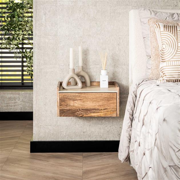 Nachtkastje hangend Nuovo travertin / Massief mango zandkleur